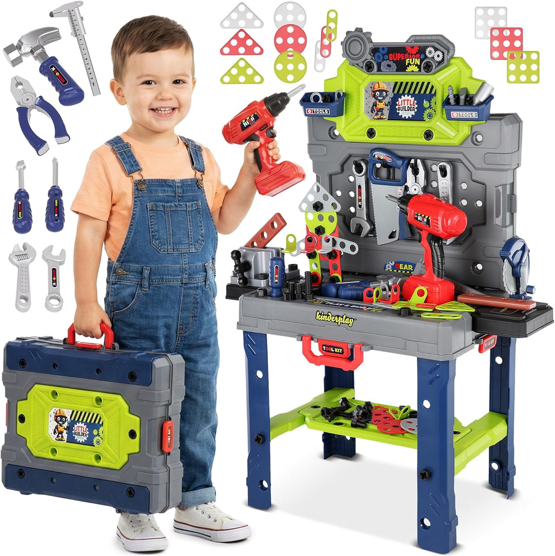 Kinderplay Kinder Werkbank 132 TLG mit Werkzeugset und Bohrmaschine, Werkstatt für Kinder ab 3 Jahre