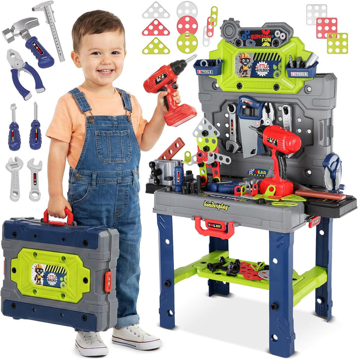 Kinderplay Kinder Werkbank 132 TLG mit Werkzeugset und Bohrmaschine, Werkstatt für Kinder ab 3 Jahre