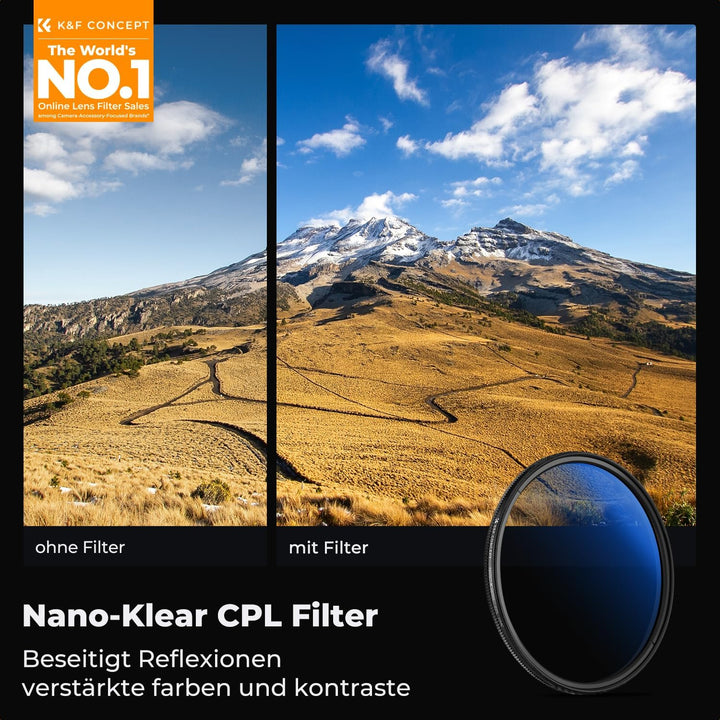 K&F Concept Polfilter 49mm CPL Filter mit Objektivdeckel, Objektivdeckel-Halteband, Reinigungstücher