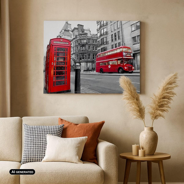 Bilder auf Leinwand Bus Telefon Strasse Leinwandbild mit Rahmen 70x50cm Wandbilder Dekoration Wohnzi