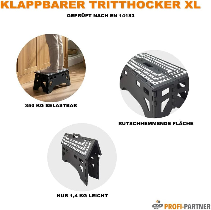 Klappbarer Tritthocker XL, bis 350 kg belastbar, extra grosse Rutschhemmende Standfläche, faltbar, t