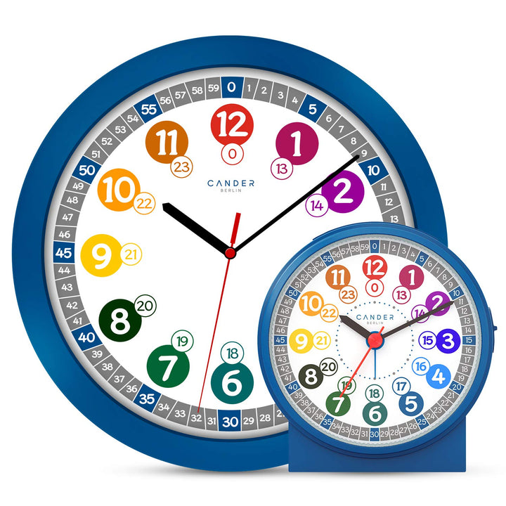 Cander Berlin MNU 1030 J Kinderwanduhr und MNU 1009 J Kinderwecker lautlos blau Lernuhr Wecker Kinde