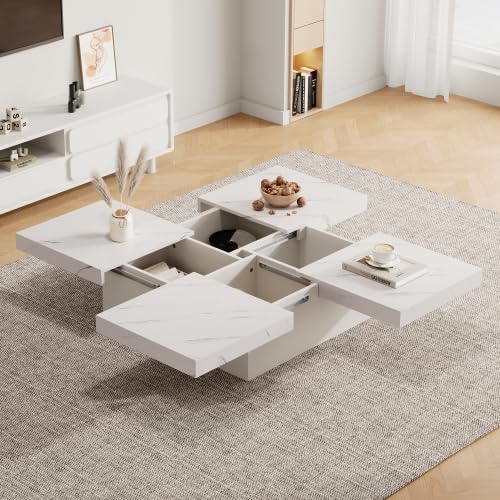 Merax Couchtisch 90x90 cm – Weisser Sofatisch mit eleganter Marmor-Optik und 4 Schubladen, Schiebbar