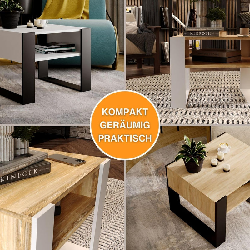 CraftPAK Wohnzimmer Tisch für Couch aus hochwertigem Holz, Stabiler & moderner Couchtisch mit zusätz