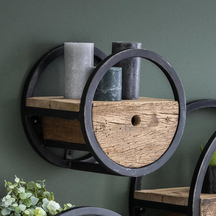 Ringo-Living Rundes Regal Metall & Massivholz mit Schublade, Hängende Kommode aus Hartholz & Metallu