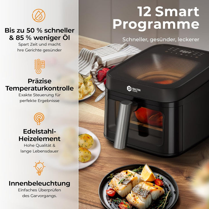 Balter Heissluftfritteuse Airfryer, 6,5 L, Friteuse Heissluftfritteuse XXL mit Sichtfenster, 12 Prog