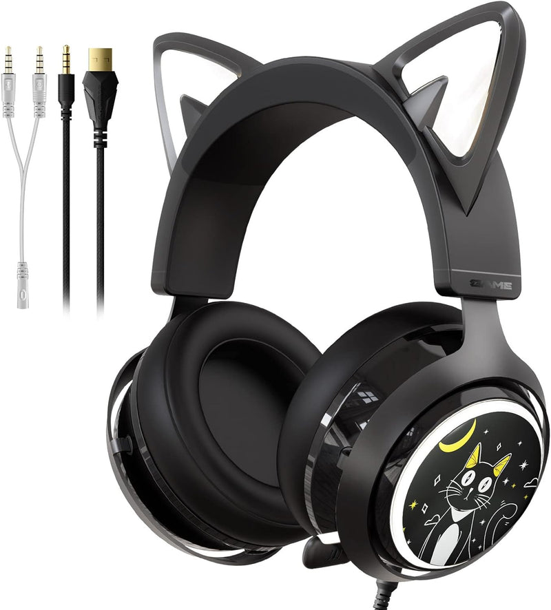 Somic GS510 Cat-Headset, 3,5-mm-Kopfhörer mit Kabel und einziehbarem Mikrofon-Geräuschunterdrückung,