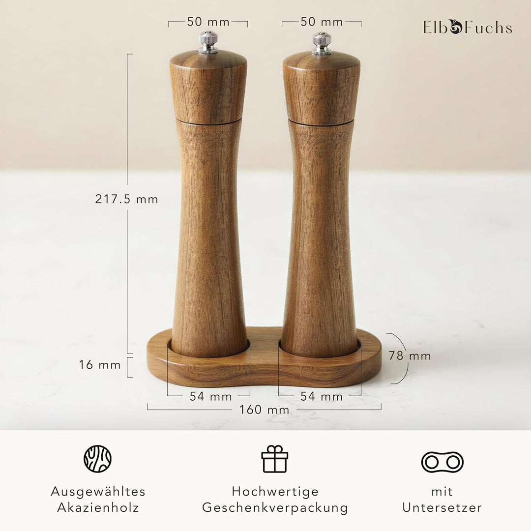 ElbFuchs Salz und Pfeffermühle Holz Set aus Akazienholz mit Untersetzer, 2 grosse Gewürzmühlen stufe