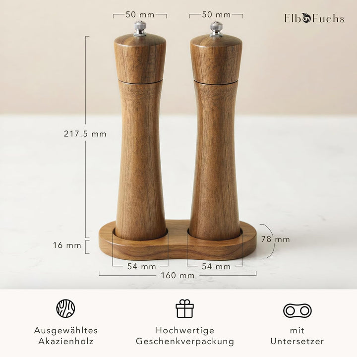 ElbFuchs Salz und Pfeffermühle Holz Set aus Akazienholz mit Untersetzer, 2 grosse Gewürzmühlen stufe