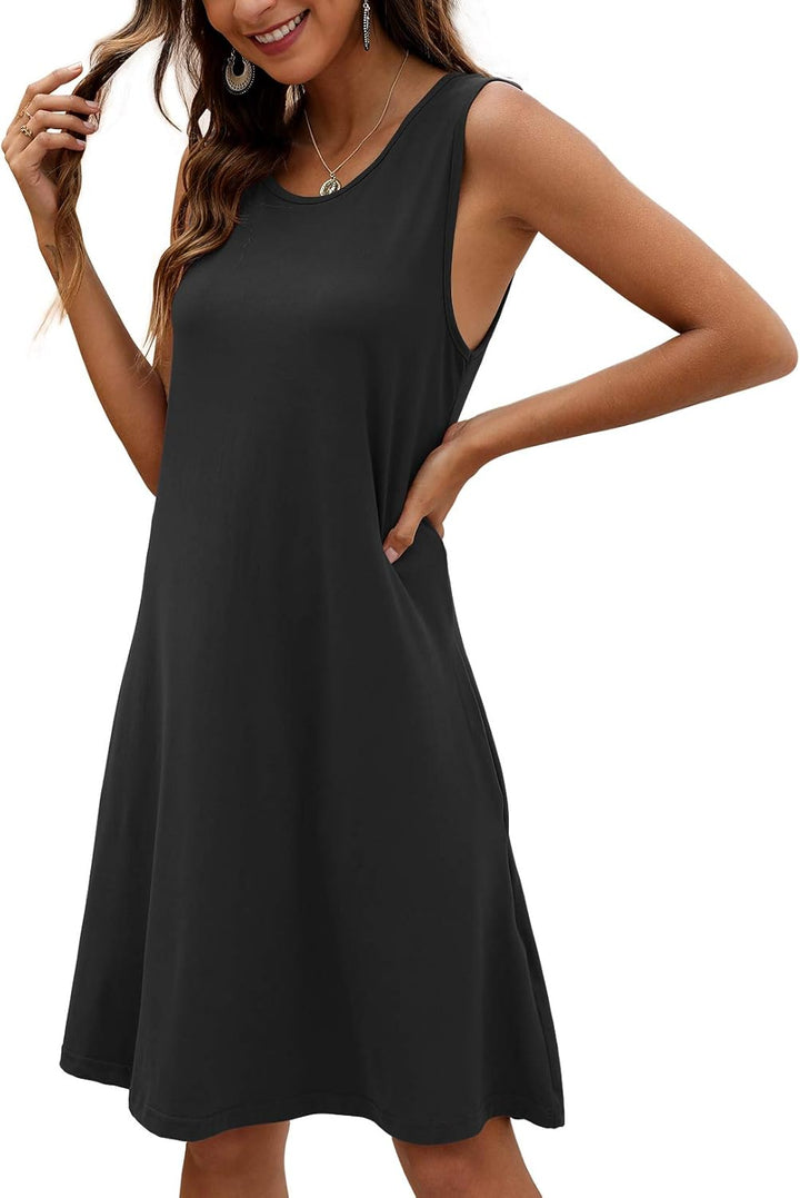 CHERFLY Damen Sommerkleid Casual Kurzes Freizeitkleid Ärmelloses Strandkleid mit Taschen S Schwarz,