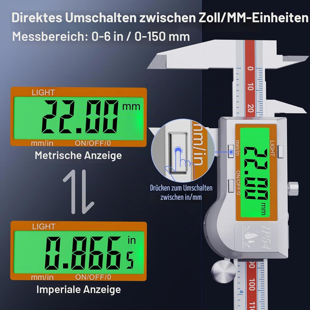 Preciva Digitaler Messschieber 150mm IP54 - Elektronische Schieblehre aus Edelstahl mit LCD Display,