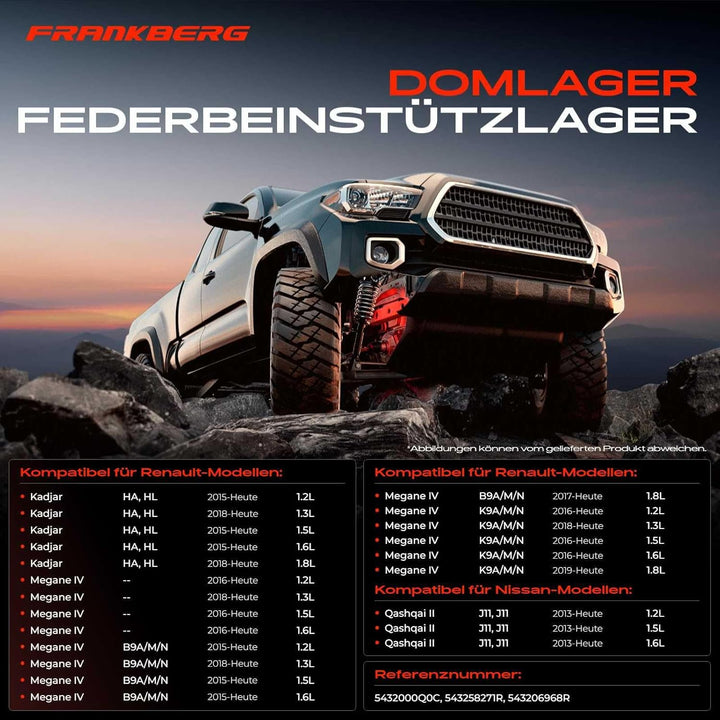 Frankberg Federbeinstützlager Vorderachse Kompatibel mit Qashqai II Kadjar Megane IV 2013-Heute 5432