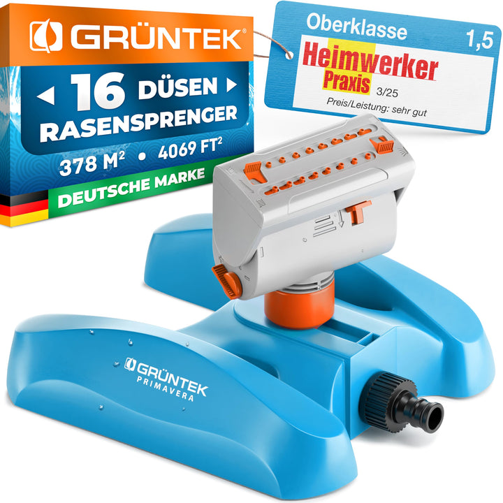 Robuster GRÜNTEK Oszillationssprinkler mit Turbo-Motor – Viereckregner mit 16-Düsen Bewässerungssyst