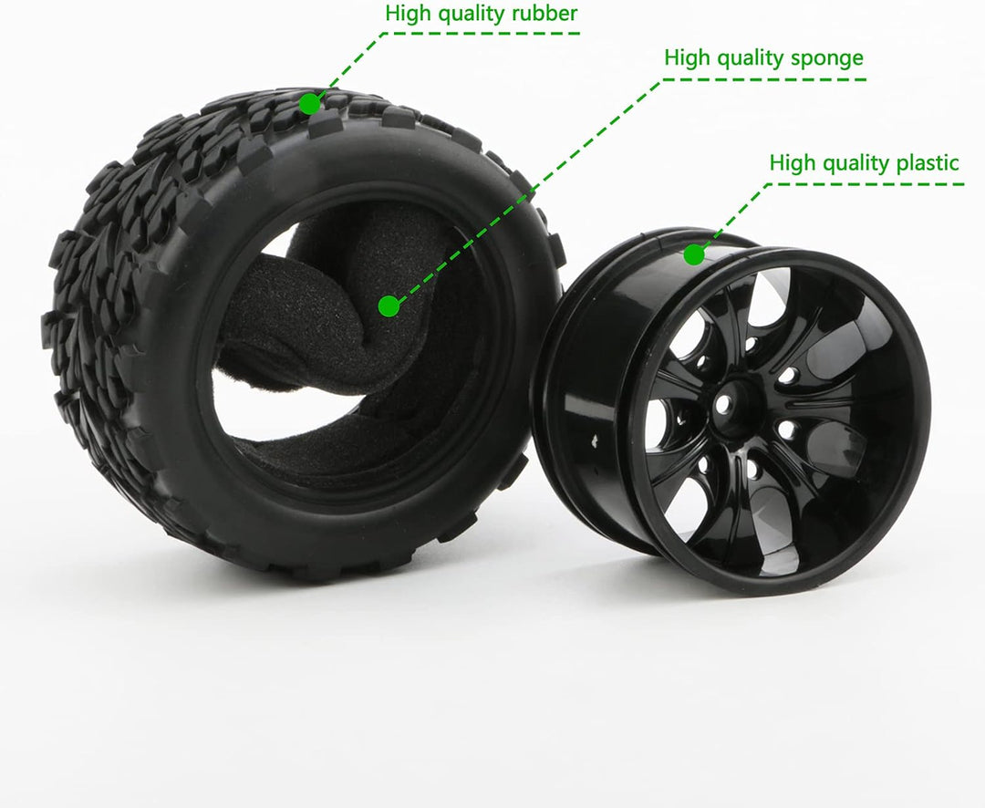 Pxyelec Gummireifen für Monster Truck 1:10 RC Auto Rad Typ Reifen mit 7 Speichen Felge Schwarz RC Te
