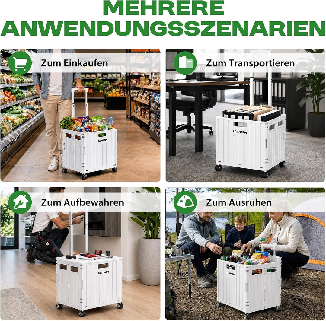 LDHTHOPI Einkaufstrolley klappbar 65L,MAX 50KG Trolley mit Teleskopgriff,4 Zerlegbaren Drehbaren Räd
