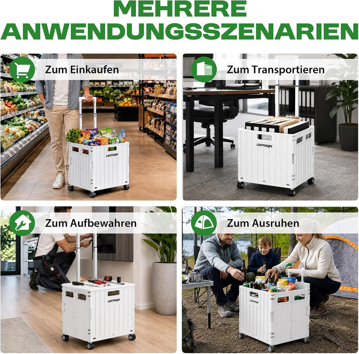 LDHTHOPI Einkaufstrolley klappbar 65L,MAX 50KG Trolley mit Teleskopgriff,4 Zerlegbaren Drehbaren Räd