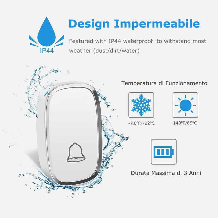 YYQ Türklingel kabellos-Outdoor Wasserdicht IP44 mit Reichweite 300 m, LED-Anzeige, 1 Knopf Sender u