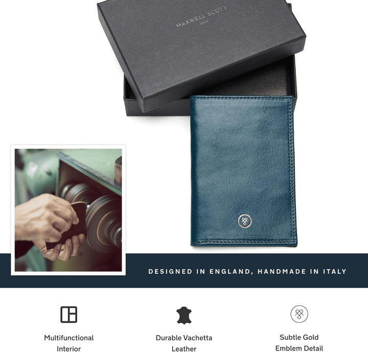 Maxwell Scott Handgefertigte Leder Reisepasshülle Prato in Petrol Blau, Petrol Blau
