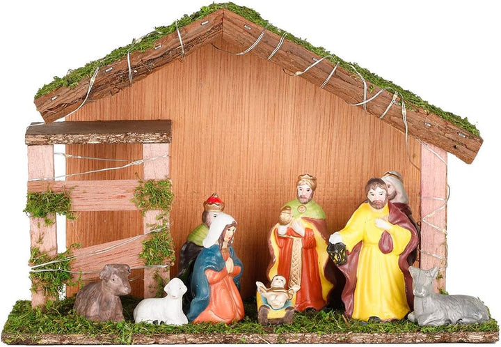 Spetebo Weihnachtskrippe mit 20 LED und 9 Figuren - Holz Tischdeko beleuchtet Weihnachtsdeko Krippe