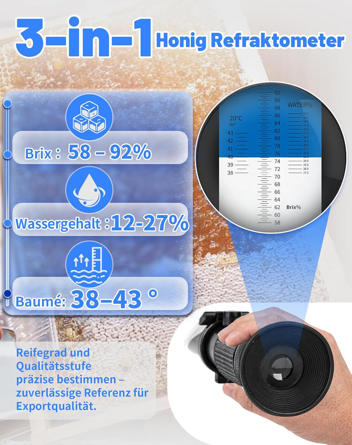 3-in-1 Honig Refraktometer mit ATC Brix 58-92% Wassergehalt 12-27% Baumé 38-43°Bé inkl. 72,2% Kalibr