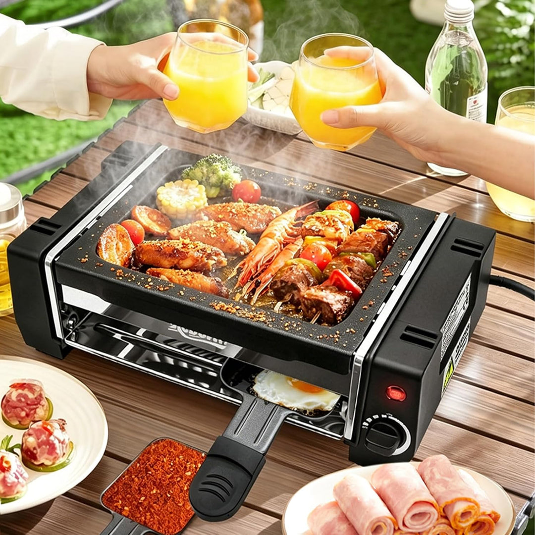Raclettegrill für 2 Personen, Elektrischer Tischgrill mit Antihaftbeschichtung, Temperaturregelung u