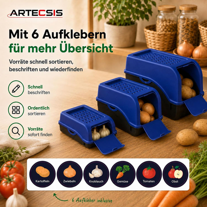 ARTECSIS® 3 x Kartoffel Aufbewahrungsbox mit Deckel für 4 kg Kartoffeln (königsblau) - Vorratsbehält