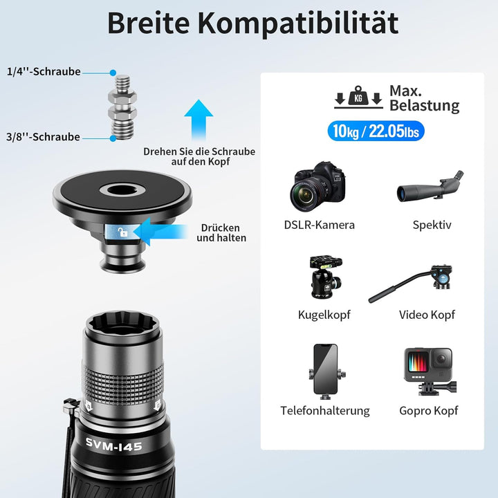 SIRUI SVM-145 Kamera-Einbeinstativ mit Füssen für Fotografie, 145 cm Kohlefaser-Kamera-Einbeinstativ
