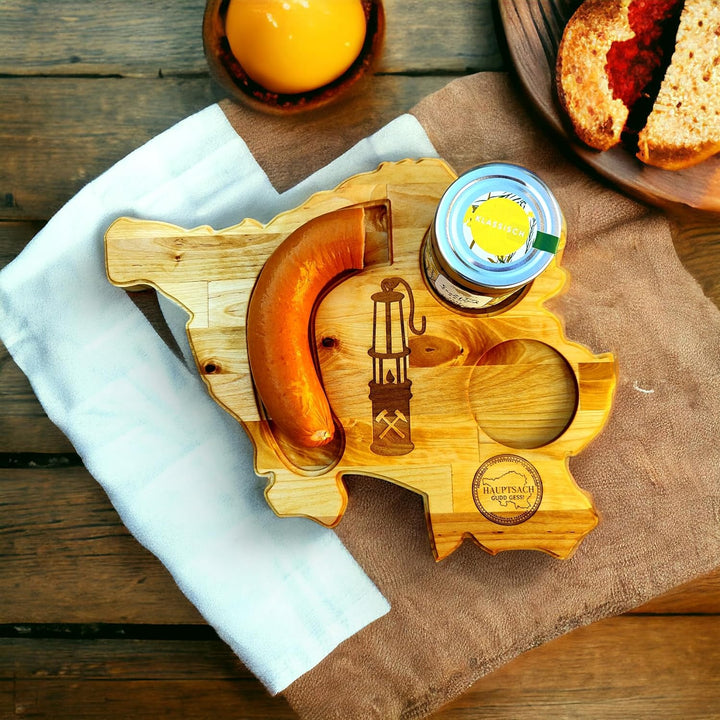 Saarlandbrett aus Holz mit Senf, Frühstücksbrettchen im Bergmann Stil, Geschenkidee aus dem Saarland