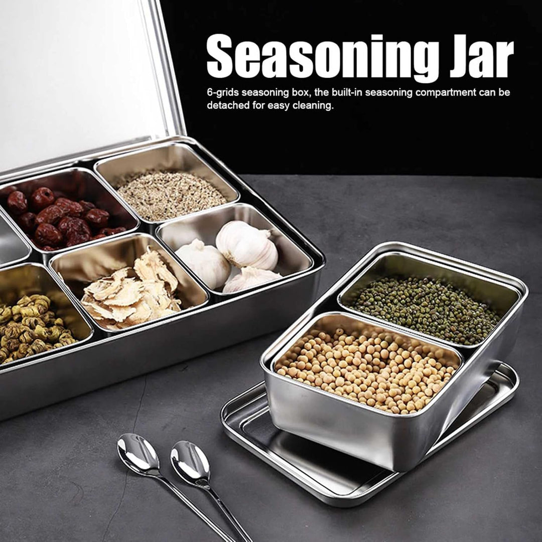 Haofy Edelstahl-Gewürzbox, Gewürzvorratsbehälter mit 6 Gittern, Gewürzglasbehälter-Set mit Löffeln K