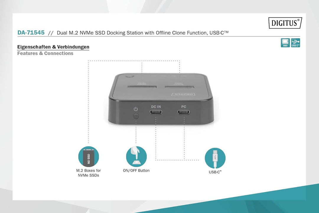 DIGITUS USB Typ-C 3.1 Duale M.2 NVMe SSD-Dockingstation - M.2-Modultyp 22110, 2280, 2260, 2242 - M/B
