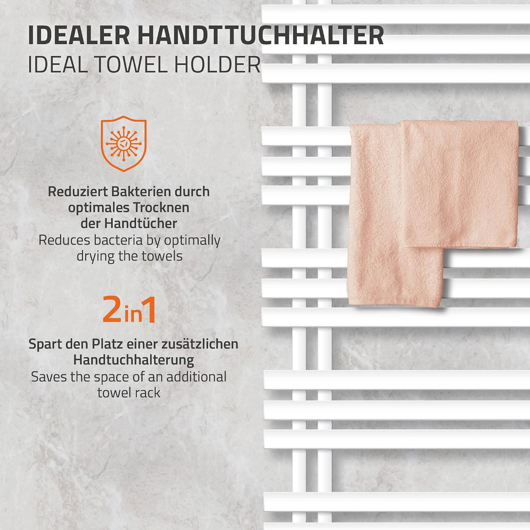 ECD Germany Iron EM Design Badheizkörper Elektrisch mit Heizstab 1200 W - 500 x 1400 mm - Weiss - De