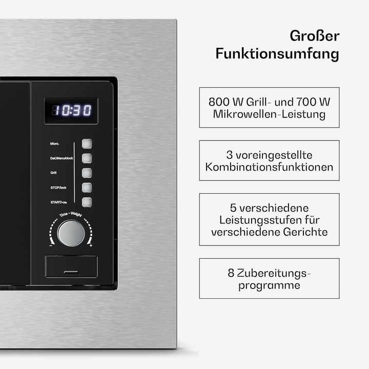Klarstein Verosteel Einbaumikrowelle 60 cm mit Grill – 20L, 700W Mikrowelle & 800W Grill, 8 Programm