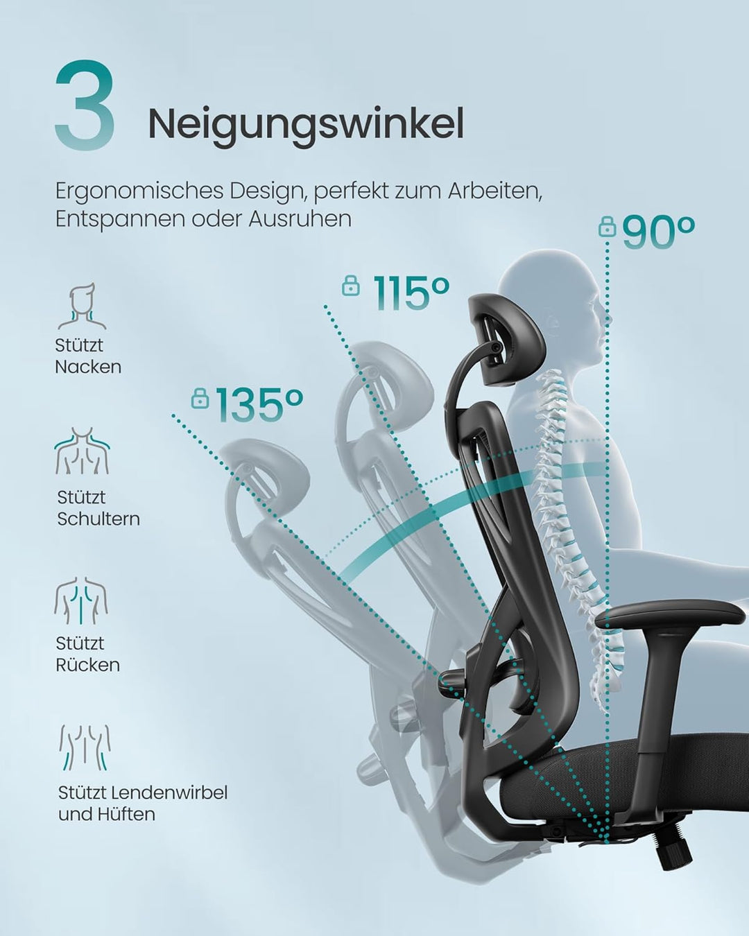 SONGMICS Bürostuhl, ergonomischer Schreibtischstuhl, Computerstuhl, Netzstuhl, verstellbare Lendenst