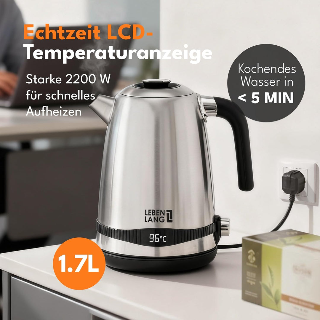 LEBENLANG Wasserkocher Edelstahl Temperatureinstellung – Leise, Temperaturanzeige &amp; Warmhaltefunktio