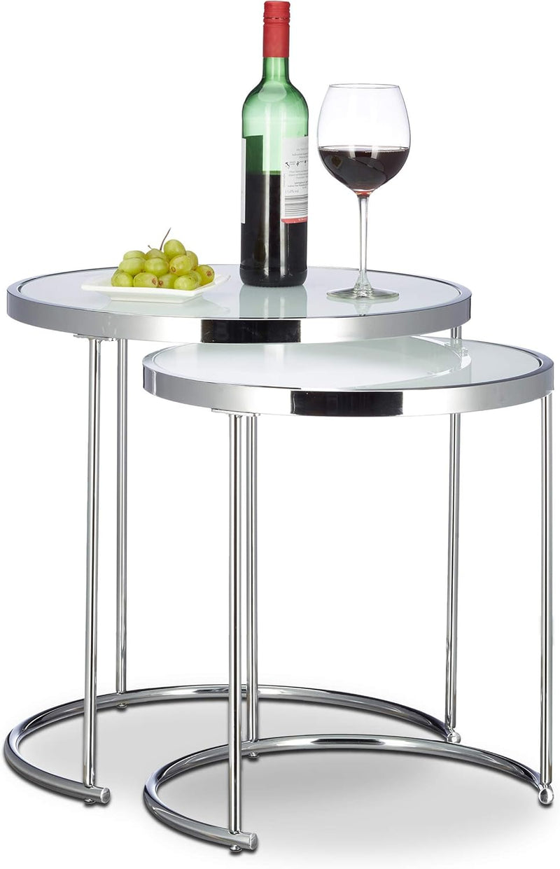 Relaxdays Satztische rund, Chromgestell, 2er Set, modernes Design - Milchglas, Couchtisch Metall, Be