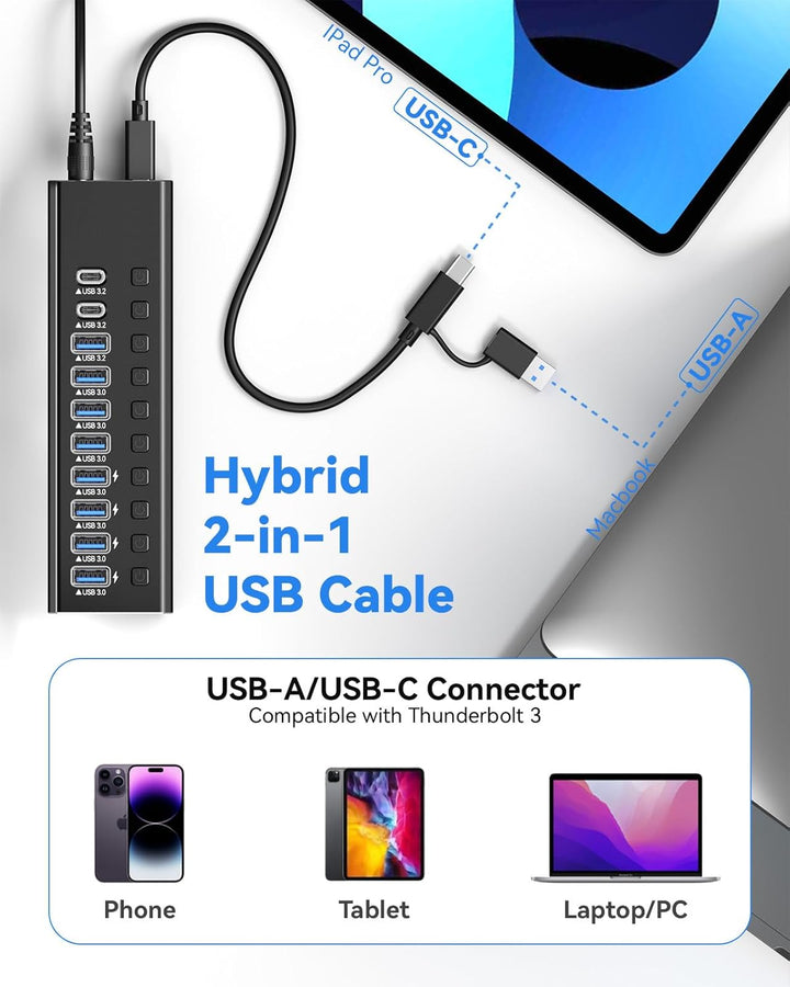 Powered USB Hub 3.2, 10-Port USB3.2/USB C Hub (10Gbps USB-A 3.2 +2 USB-C 3.2 +7 USB 3.0 Ports) mit i