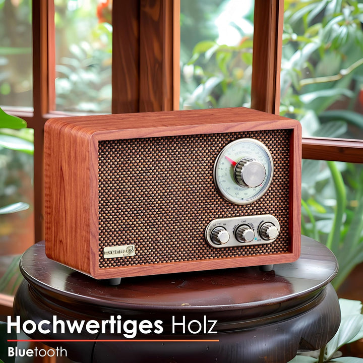 Nostalgie Kompaktanlage | Radio Holz mit Bluetooth | USB | SD Karten Slot | FM/AM | Musikanlage Retr