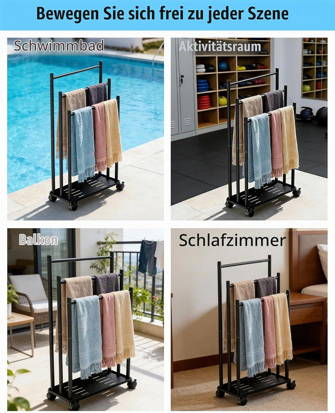 Handtuchhalter Stehend mit Scrollrad,3 Tier Organizer für Bad,Handtuchhalter Schwarz aus Metall, Han