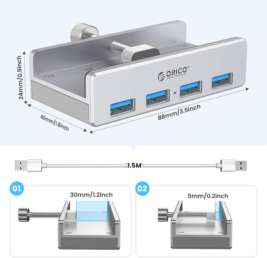 ORICO USB Hub Clip-Typ, 4 Port USB 3.0 Hub 5 Gbps Super Speed Mini Aluminum Datenhub Mit 150cm Kabel