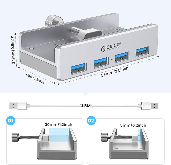 ORICO USB Hub Clip-Typ, 4 Port USB 3.0 Hub 5 Gbps Super Speed Mini Aluminum Datenhub Mit 150cm Kabel