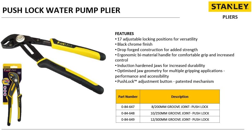Stanley FatMax Wasserpumpenzange (304 mm Länge, Einstellung per PushLock, 17 Positionen, ergonomisch