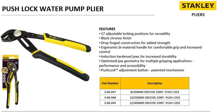 Stanley FatMax Wasserpumpenzange (304 mm Länge, Einstellung per PushLock, 17 Positionen, ergonomisch