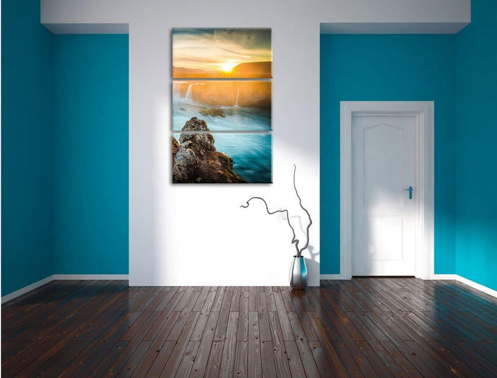 Pixxprint Wasserfall im Sonnenuntergang 3-Teiler Leinwandbild 120x80 Bild auf Leinwand