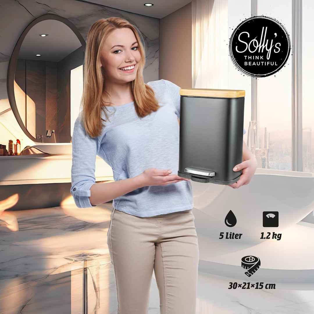 Solly´s 5L Kosmetikeimer mit Bambus Deckel, Bad Treteimer mit Absenkautomatik, pulverbeschichtet, ru