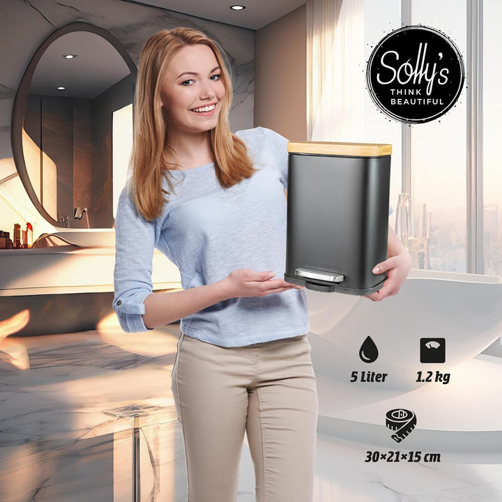 Solly´s 5L Kosmetikeimer mit Bambus Deckel, Bad Treteimer mit Absenkautomatik, pulverbeschichtet, ru