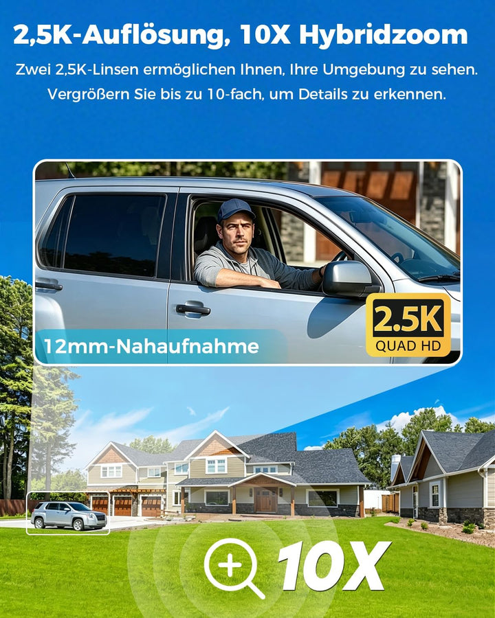 GENBOLT [10X Hybridzoom 2.5K POE WLAN Überwachungskamera | 24/7 Daueraufzeichnung,360° Überwachungsk