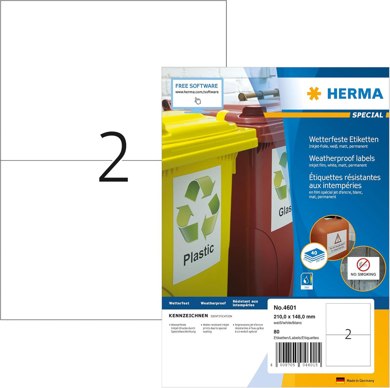 HERMA 4601 Wetterfeste Folienetiketten für Inkjet Drucker, 40 Blatt, 210 x 148 mm, 2 Stück pro A4 Bo