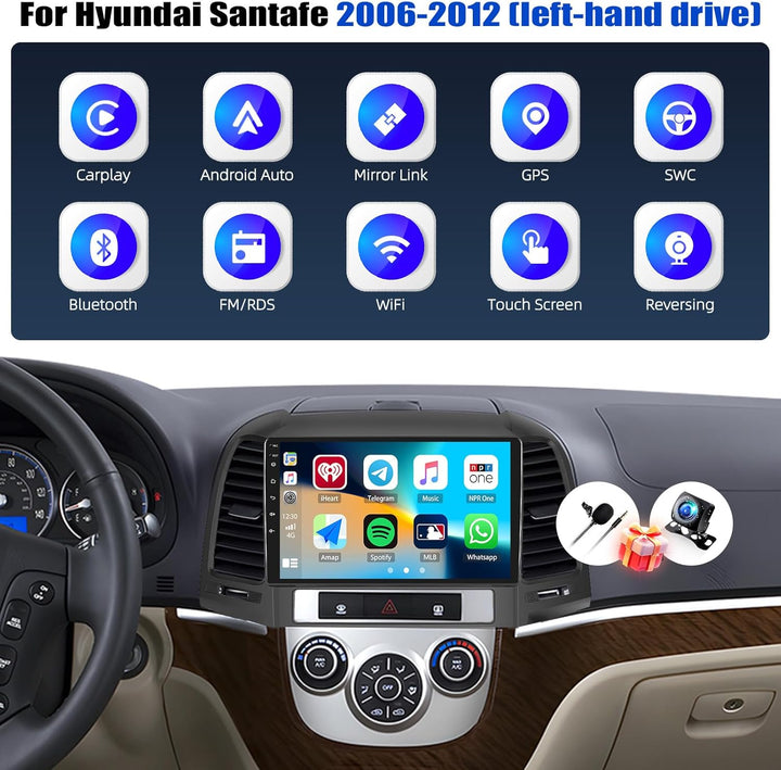 CAMECHO 2+64G Android 13 Navi Autoradio für Hyundai Santa Fe 2006-2012 mit 9 Zoll Touchscreen HD Rüc