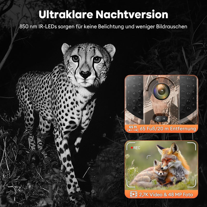 Solareye WLAN Wildkamera mit Handyübertragung App, 2,7K 48MP Wildkamera mit Bewegungsmelder Nachtsic