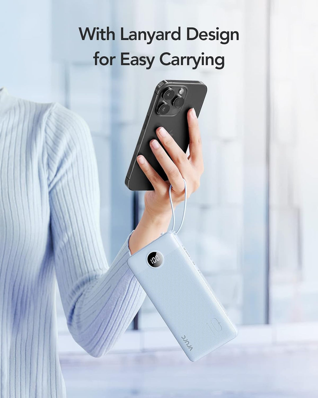 VRURC Powerbank 10000mAh mit Kabel, Power Bank Tragbares Ladegerät USB C Externer Handyakkus LED Dis